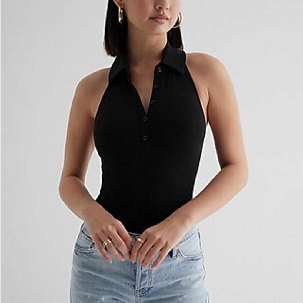 Black Ribbed Halter Neck Henley Polo Bodysuit✨ NEW!
